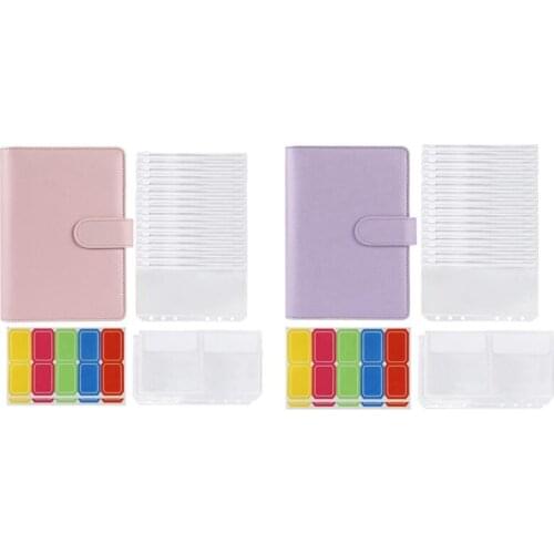 2 Set Binder Pockets A6 with Leather Binder Cover, 6-Ring Budget Binder with Cash Envelopes Purple & Pink