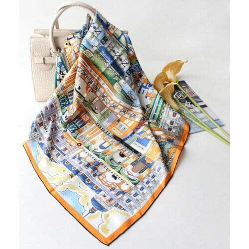 Luxury 100% Twill Silk Scarf Bandana Women Vintage Horse Print Shawl Hijab Hand Rolled Kerchief Stole Turban 90*90cm