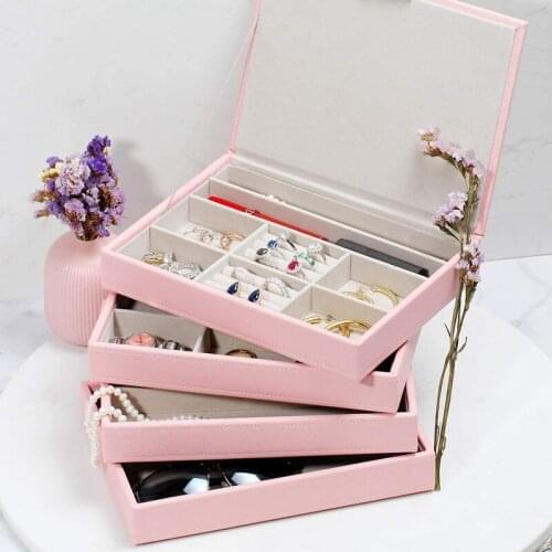 Stackable Jewelry Organizer Trays for Women Girls, Leather and Velvet Jewelry Box with 4 Layers Display