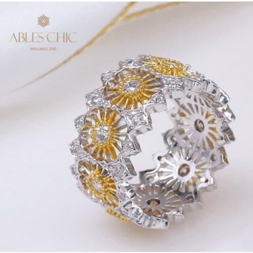 925 Silver Luxury Daisy Garland Geometric Bridal Rings Paved CZ Wide Wedding Band Renaissance Gold Tone Fine Jewelry Wholesale