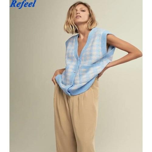Spring women sweater vest blue knitted v neck sleeveless cute cardigan oversize lady button plaid sweet outwear