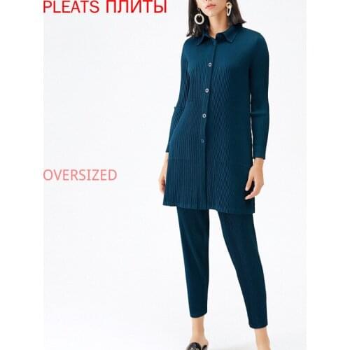 2021 Spring Korean Fashion Womens New Thick Fabric Miyake Pleated Mid-length Shirt Pleats