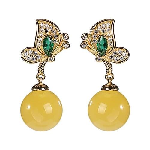 S925 sterling silver gold-plated natural amber stud earrings butterfly round beads earring pendant for ladies earrings