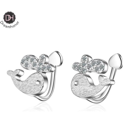 Dreamhonor New Popular 925 Sterling Silver Zirconia Whale Clip Earrings For Women Non Piercing Earrings Jewelry