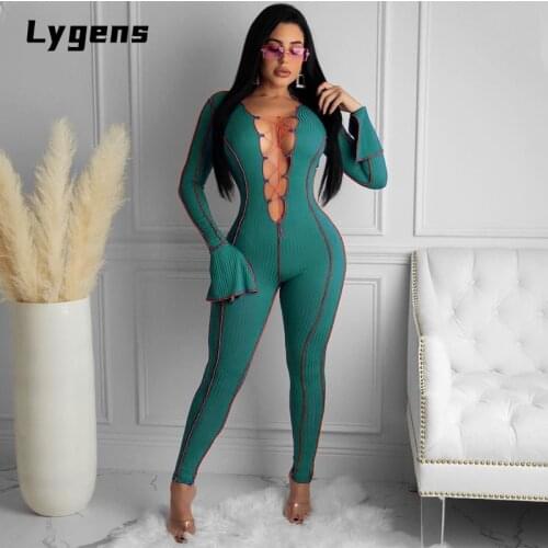 Blingirl Stripe Patchwork Women Flare Long Sleeve Jumpsuit Lace Up Cross Bandage Bodycon V Neck Bodycon Sexy 2021 Autumn Winter