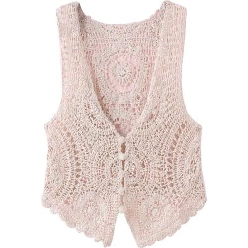 Womens All-match Sleeveless Hollow Out Tank Top Solid Color Short Knitted Waistcoat Crochet Cardigan Sweater Vest Women D249