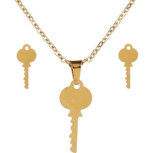 ORCHYO Key Pendant Necklace With Earrings Gold Color Stainless Steel Jewelry Sets Women USA Russia Best Gifts Of Love Wholesale