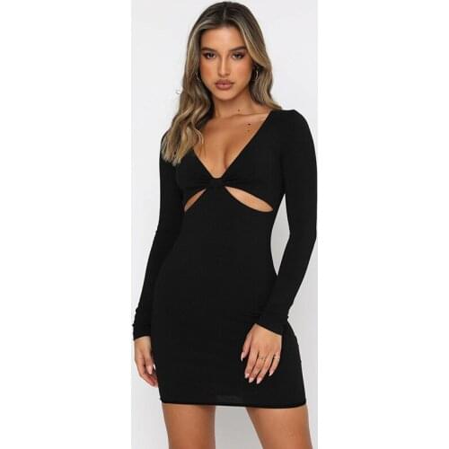 Cut Out Long Sleeve Bodycon Dress Women Backless Bandage Dress Sexy Short Party Dress Blue Black Khaki