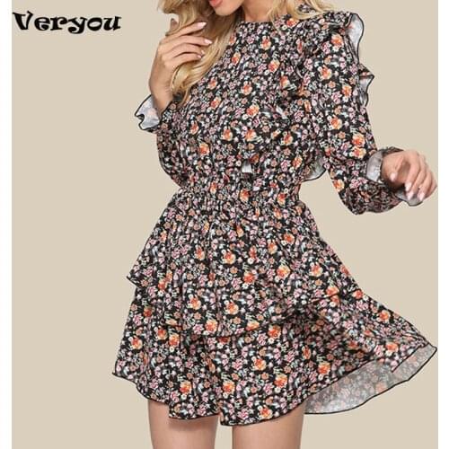 2021 O-Neck A-line Black Floral Print Retro Dress Womens Long-Sleeved Ruffled Mini Party Dress Casual Everyday Wear Women