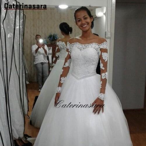 Custom African Long Sleeves Lace Wedding Dresses Appliues Beteau Neck Sweep Train Tulle Bridal Ball Gowns