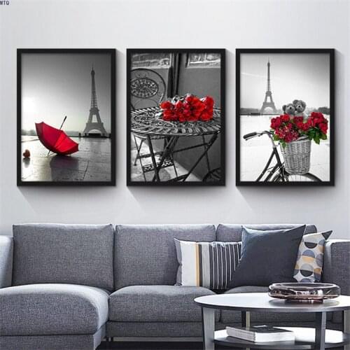 Black City Landscape Red Flower Print Nordic Canvas Painting Home Decor Tower Wall Art Hotel Living Room Picture