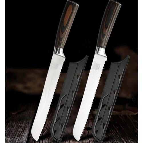 Qing Professional 8 Inch Bread Knife Stainless Steel Serrated Blade Laser Pattern Cake Cheese Bread Knife With Free Gift Cover