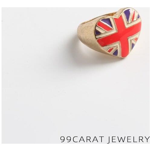 Nine nine carat European and American fashion brand retro texture heart-shaped British flag ring simple (MP)