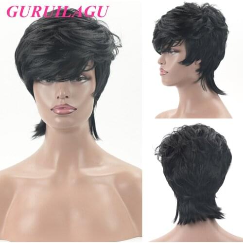 GURUILAGU Pixie Cut Short Wigs for Women Heat Resistant Fiber Synthetic Hair Black Wig With Bangs Natural Wavy Wigs Women