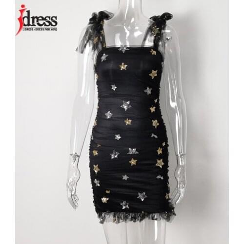 IDress Mesh Celebrity Party Dress Sweet Star Sequin Embellished Ruched Dress Chic Tie Shoulder Elegant Wedding Outfits Vestidos