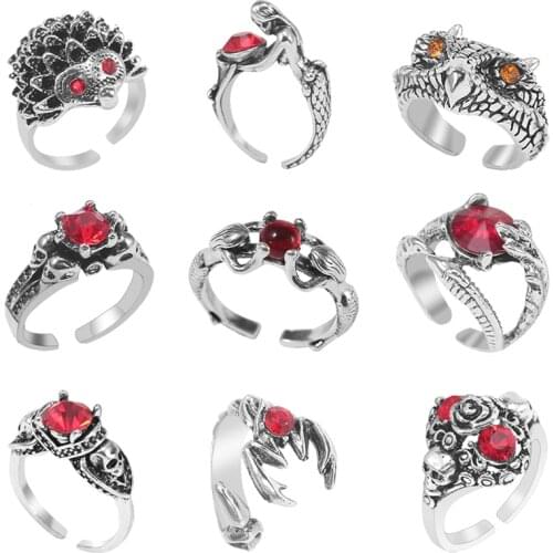 Retro Animal Lion Tiger Wolf Shape Mermaid Skull Ring Inlaid Rhinestone Opening Adjustable Men And Women Jewelry Gifts 2020