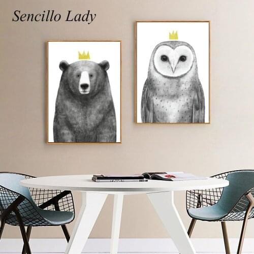 Bear Owl Black White Animal Canvas Painting Nursery Child Poster Art Print Vintage Cartoon Picture Baby Kid Bedroom Decoration