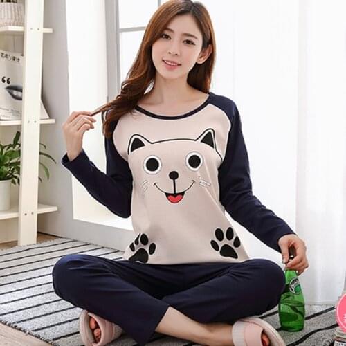 Lovely Long Sleeve Womens Pyjamas Set Cartoon Print Sleepwear Female Home Wear Two Piece Set