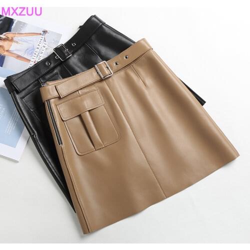 Ropa Coreana Mujer Women Real Leather Sheepskin Female Autumn High Waist Morandi A-line Black Skirt Fashion Stylish Mini Gonne