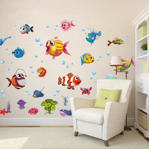 Cartoon Fish Undersea World Wall Sticker Kids Room Nursery Decor Wall Decal Bathroom WC Cabinet Wallpaper Poster Wall Graphic