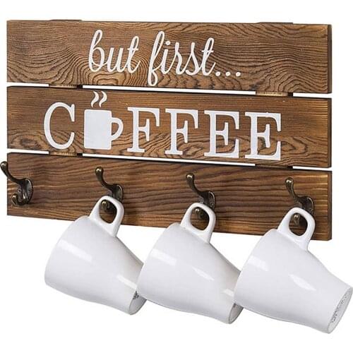 5 Hooks Wall Mounted Rustic Pine Wood Coffee Mug Holder Cup Display Organizer With But First Coffee Sign For Home And Store