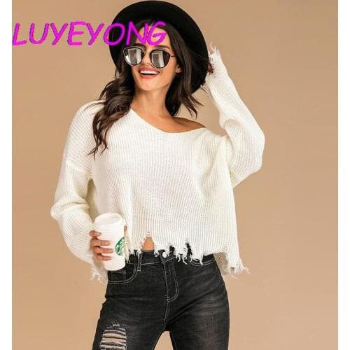Solid White Broken Women Sweater 2020 Winter Lady V Neck Short-length Tassel Goth Long-sleeve Sweaters Hipster Street Pullover