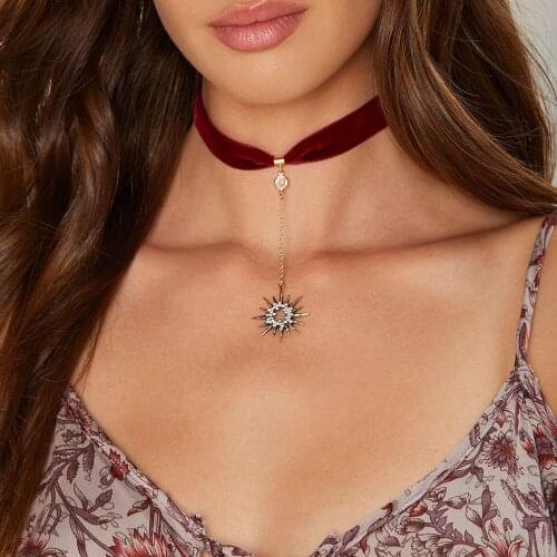 Trendy Crystal Stars Pendant Red Black Ribbon Choker Necklace Hot Sale Women Jewelry Accessories