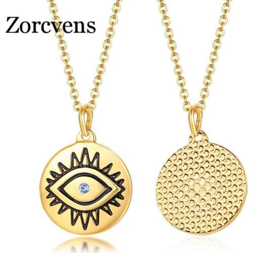 ZORCVENS New Fashion Hip Hop Gold Color Stainless Steel Cubic Zirconia Black Eye Pendant Necklace for Woman Wholesale