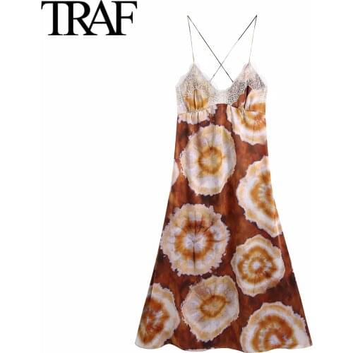 Traf Za Women Summer Sexy Dress Lace Collage Midi Dress Backless Bandage Satin Sleeveless Dress Chic Tie Dye Printing Dresses