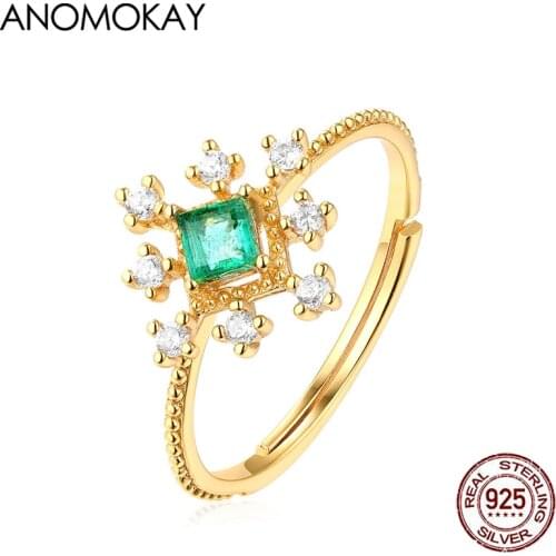Anomokay Luxury Trendy Green Zircon Surround White Zircon Gold Color Rings One Size Real Sterling 925 Silver Rings for Party