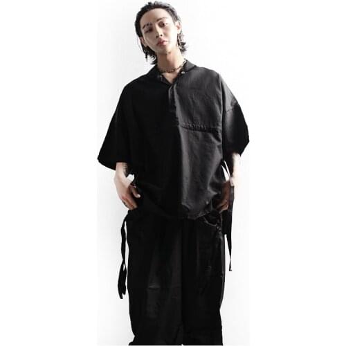 Summer fashion mens shirt simple new linen button short sleeve shirt alternative lace up fashion handsome loose large size top