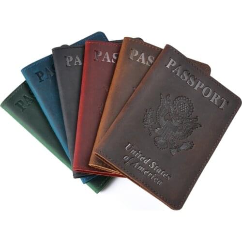 Vintage Genuine Leather Passport Covers Crazy Horse Leather America Emblem logo Men Genuine Leather Passport Case