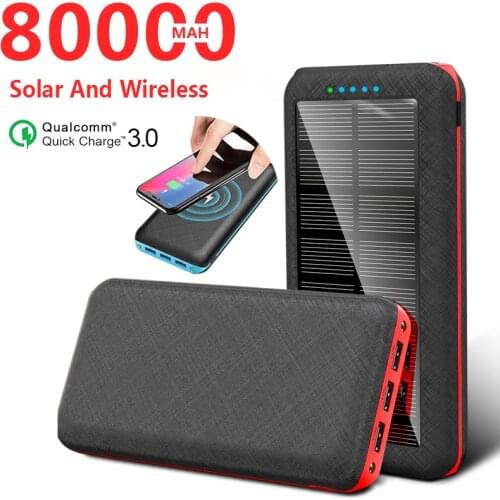 80000mAh Solar Power Bank Battery Charger Wireless Portable Fast Charger High Light LED 3 USB Phone For Xiaomi Samsung Iphone
