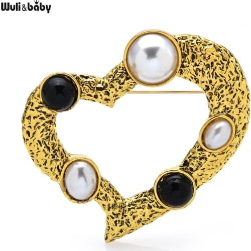 Wuli&baby Vintage Pearl Heart Brooches For Women Men 2-color All-match Love Party Casual Brooch Pins Jewelry Gifts