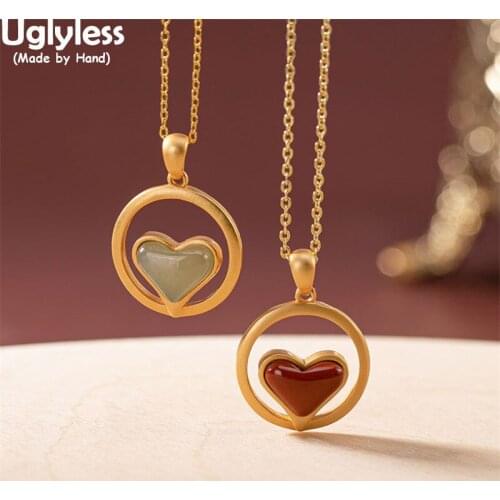 Uglyless LOVE Express Heart-shape Jade Agate Jewelry Sets for Women Hollow Studs Earrings Pendants Necklaces NO Chain 925 Silver