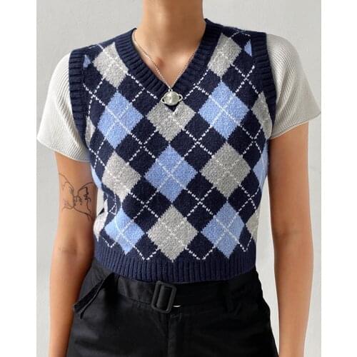 Autumn Winter Knit Sweater Vest For Women Sleeveless rhombus Geometry Print Sweater Elegant Ladies Pull Top Knitwear Streetwear