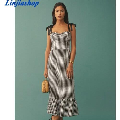 2021 Summer Women Camisole Dress Plaid Printed Slash Neck Backless Dress Lady Party Vestido Elegant Girls A-line Causal Outfits