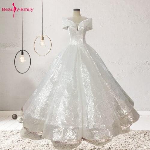 Beauty Emily Sexy Off The Shoulder V Neck Wedding Dresses Lace Sequins Pleated Ball Gowns Bridal Party Dresses Vestidos De Novia