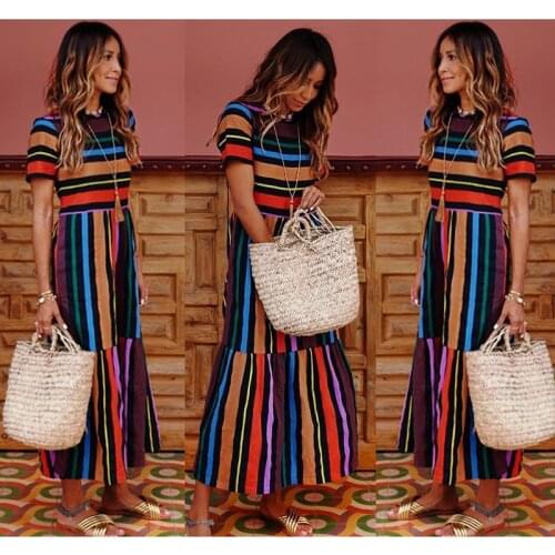 Summer Dress Women Strip Rainbow Print Color Short Sleeve Long Bohemian French Style Original Design Holiday Beachwear C2415