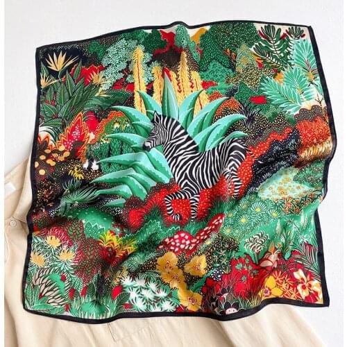 100% Pure Silk Scarf Women Zebra Forest Print Square Foulards Small Neckerchief Female Bandana Hijabs Head Scarves Wraps 53CM