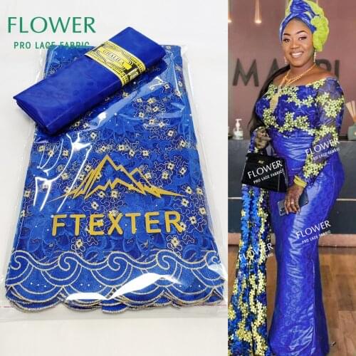 2.5+2.5 Yards 2021 Ankara Mesh Net Lace With Bazin Riche Fabrics Royal Blue Senegal Gambia Women Party Wedding Basin Material
