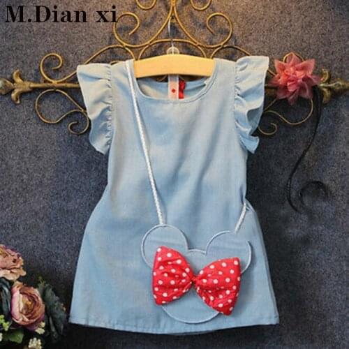 2020 Hot Sale Real Straight Bow Nylon Baby Toddlers Kids Girl Solid Dress Minnie Mouse Sleeveless Bag Demin Casual Dresses 1-5y