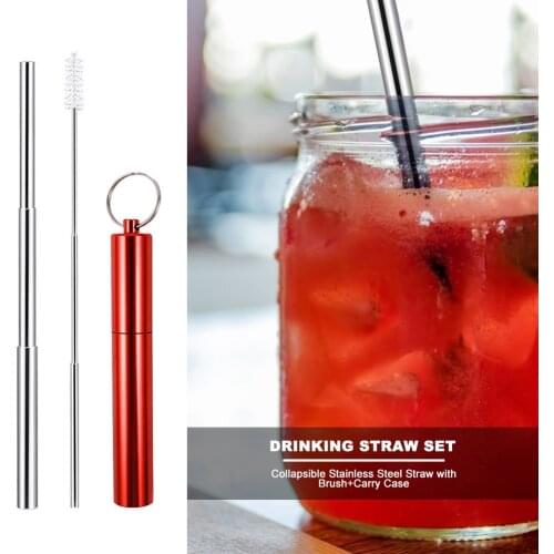 3pcs/Set Telescopic Drinking Straw Collapsible Reusable Portable Stainless Steel Straws with Cleaning Brush for Travel Outdoor