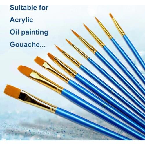 Bianyo 10Pcs Nylon Hair Watercolo Paint Brush Set Acrylic Paint Brush for Drawing Oil Acrylic Gouache Brush Art Supplies