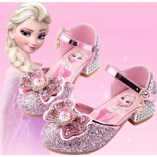 Disney Girls Sandals Summer Frozen Elsa Childrens Princess Shoes Girls High-heeled Bow-knot Crystal Sandals Party Dress Wedding