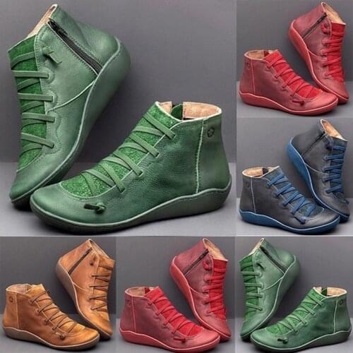 Women Winter Snow Boots PU Leather Ankle Boots Spring Flat Shoes Woman Short Green Botas With Fur For Women Lace Up Botas Mujer