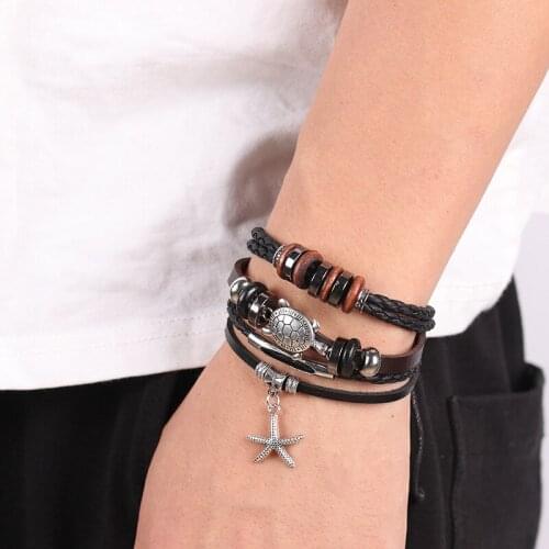 Evil Eye New Owl Multi-layer Cowhide Alloy Bracelet Punk Style Pull-out Feather Mens Couple Anime Beaded Jewelry Gift Lace-up