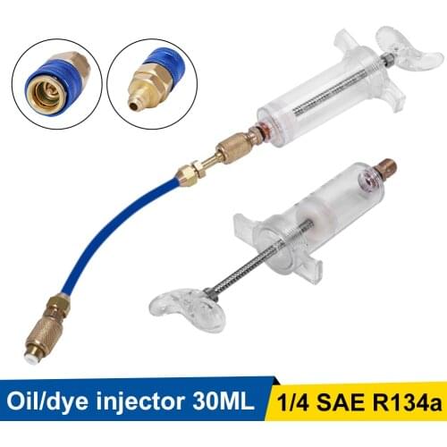 A/C Oil And Dye Injector With R-134a Snap Quick Coupler 1/4" SAE 1OZ Hand Turn Screw-in Coolant Filling Tube Injection Tool