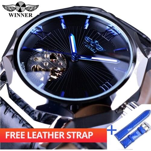 Winner Watch + Band Set Combination Blue Ocean Geometry Transparent Skeleton Men Brand Luxury Automatic Fashion Mechanical Clock