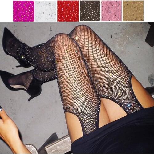 Thigh High Socks Womens Long Socks Fishnet Rhinestones Mesh Tights Open Crotch Sexy Lingerie Womens stockings erotic stockings